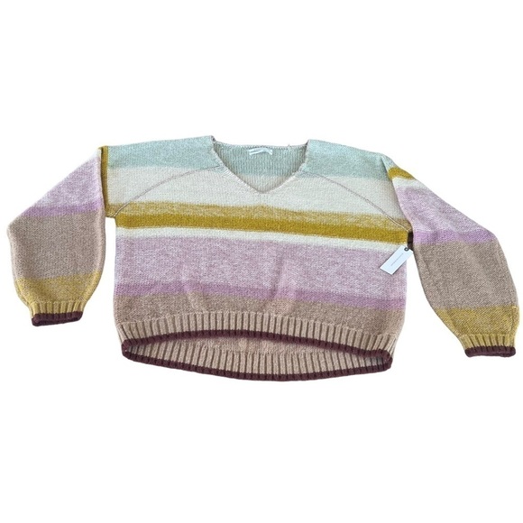 Anthropologie Theia V-Neck Sweater Size Large NWT Natural Stripe Metallic Accent - Picture 6 of 13